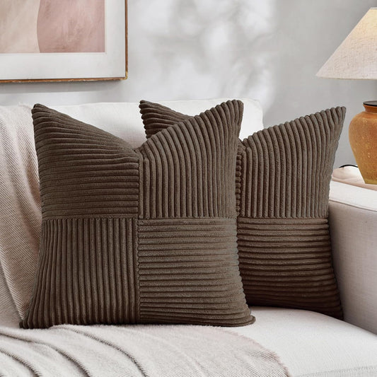 Fancy Homi 2 Packs Dark Brown Euro Decorative Throw Pillow Covers 26x26 Inch for Couch Bed, Rustic Farmhouse Boho Home Decor, Soft Corss Corduroy Patchwork Textured Square Cushion Case 66x66 cm