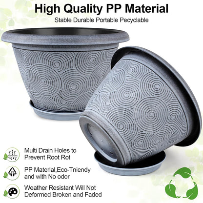 14 Inch Large Planter Pot for Plants Indoor Outdoor, 4 Pack Plastic Flower Pots with Drainage Hole & Tray, Modern Decorative Garden Pot with Saucer, Plant Container for House