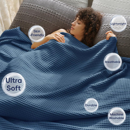 PHF Ultra Soft Waffle Weave Blanket Twin Size 66"x 90"- Washed Lightweight Breathablee Cozy Woven Blanket - Great for Couch Bed Sofa Home Car - Navy Blue