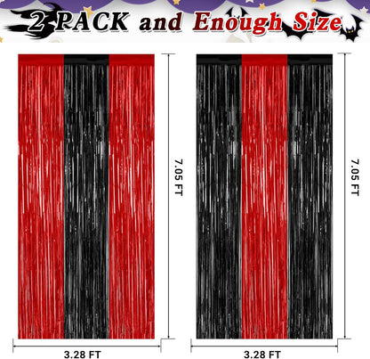 2 Pack Backdrop Curtains, 3.28 FT x 7.05 FT Black and Red Party Decor, Metallic Party Streamer Tinsel Foil Fringe Curtains, Foil Curtains Backdrop Halloween Decorations Party Supplies