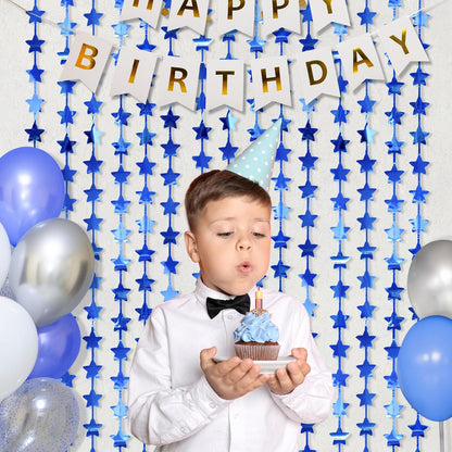 LOLStar 2Pack Blue Happy Birthday Party Decorations 3.3X6.6ft Each Navy Star Streamers Backdrop Foil Fringe Curtains,Photo Booth Props for Blue Baby Shower 18th 21st Birthday Space Party for Boys
