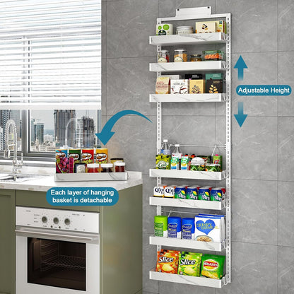 bukfen Over the Door Pantry Organizer,8-Tier Adjustable Basket Kitchen Pantry Door Organization and Storage, Heavy-Duty Metal Hanging Kitchen Spice Rack,D6.3 x W17.32 x H66.93 inch,White Marble Color