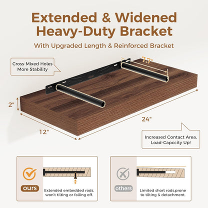 12 Inch Deep Floating Shelves, 24 x 12 Floating Shelf for Books, Rustic Wood Deep Wall Shelves for Home Storage & Display, 2" Thicked Shelves for Kitchen, Living Room, Bedroom, Walnut Color, 2 Pack