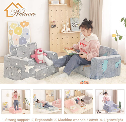 Welnow 2-in-1 Kids Sofa Chair, Convertible Toddler Chair Flip Out Children Sofa Chair Folding Kids Play Sofa with Side Pockets & Removable Cover Armrest Chair for Girl or Boy