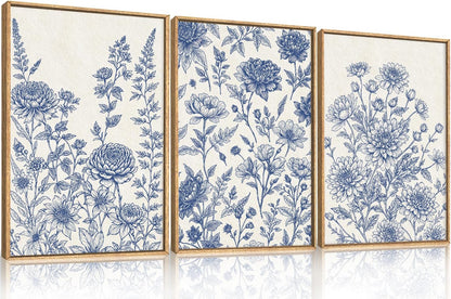 Classic Chinoiserie Floral Framed Canvas Wall Art Set, Blue and White Flower Wall Decor, Navy Watercolor Wall Painting, Minimalist Wildflower Art Print for Living Room, Bedroom - 16"x24"×3