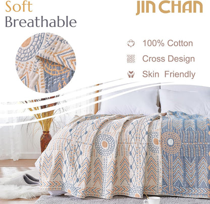 jinchan Boho 100% Cotton Muslin 50x60 Throw Blanket Lightweight 4-Layer Orange Multi Reversible Blanket Washable Breathable Decorative Geometric Striped Pattern Soft Comfy for Couch Bed All Seasons