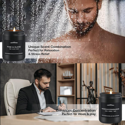 Scented Candle Set for Men, 4 Pack Black Jar Candles with Manly Scents ??Amber Patchouli, Magnolia Sandalwood, Cedar Oakmoss, Pine Clove, Soy Wax Aromatherapy Gift for Him, Dad, Husband, Father's Day