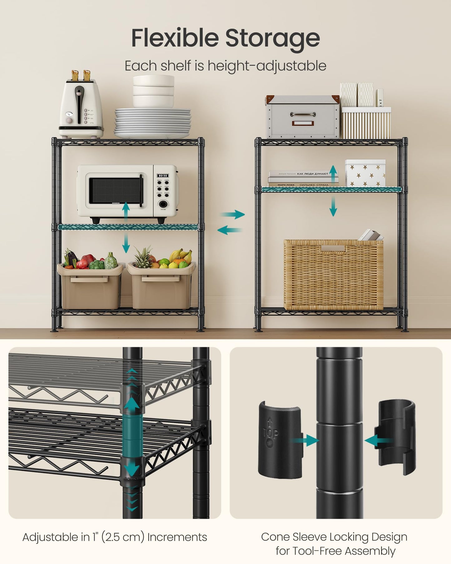 SONGMICS Storage Shelf, Metal Wire Shelving Unit, Adjustable Shelves, for Garage, Bedroom, Living