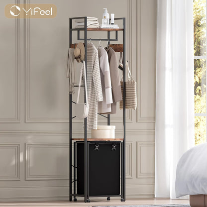 Coat Rack with Laundry Basket, Laundry Hamper Freestanding Hall Tree, Clothes Rack with Storage Shelves, 14.5 Gal Removable Bags on Wheels, Black and Brown JLH005SR