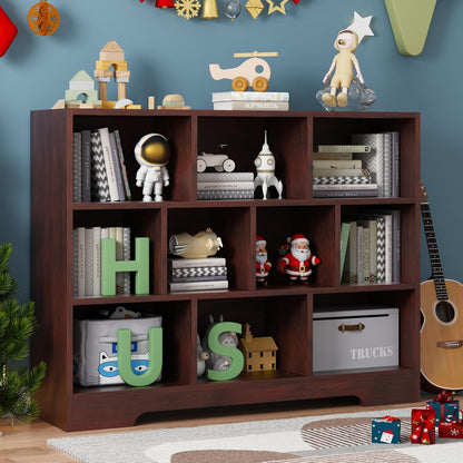 Book Shelf Set of 2, 10 Cubes Storage Organizer, 3-Tier Open Bookshelf Wooden Bookcase, Freestanding Cherry Bookshelf Cube Shelf for Living Room