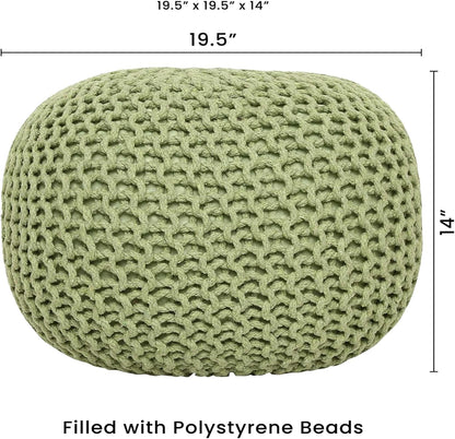 REDEARTH Round Pouf Foot Stool Ottoman - Cotton Knitted Cord Boho Pouffe - Cable Poof Filled Footrest Stuffed for Living Room - Nursery - Bedroom - Patio - Lounge (19.5"x19.5"x14") - Kiwi