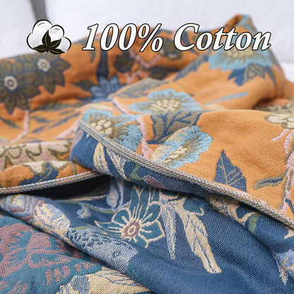 Snycler Boho Throw Blanket for Bed - 100% Cotton Ultra Soft Rustic Quilt Blanket Orange Bird Floral Printed Farmhouse Decor Bed Blankets, 80"×90" All Season Rustic Throw for Sofa Couch Chair