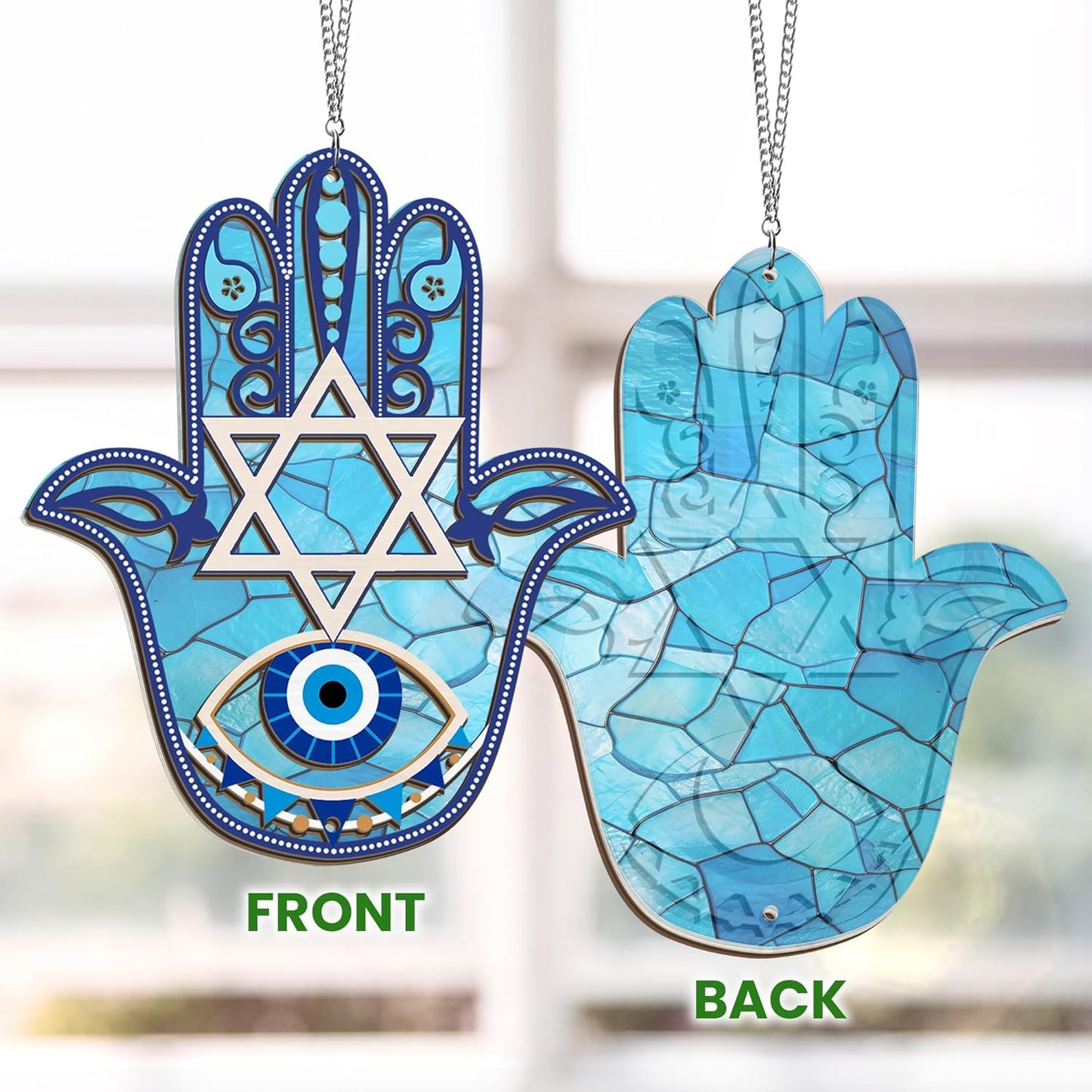 FLAGWIX Hanukkah Gifts for Men, Women - Christmas, Birthday Gifts for Mom, Friends, Hamsa Hand Home Decor, Good Luck, Spiritual, Housewarming Gift Ideas - Single Window Suncatcher Hanging Decorations