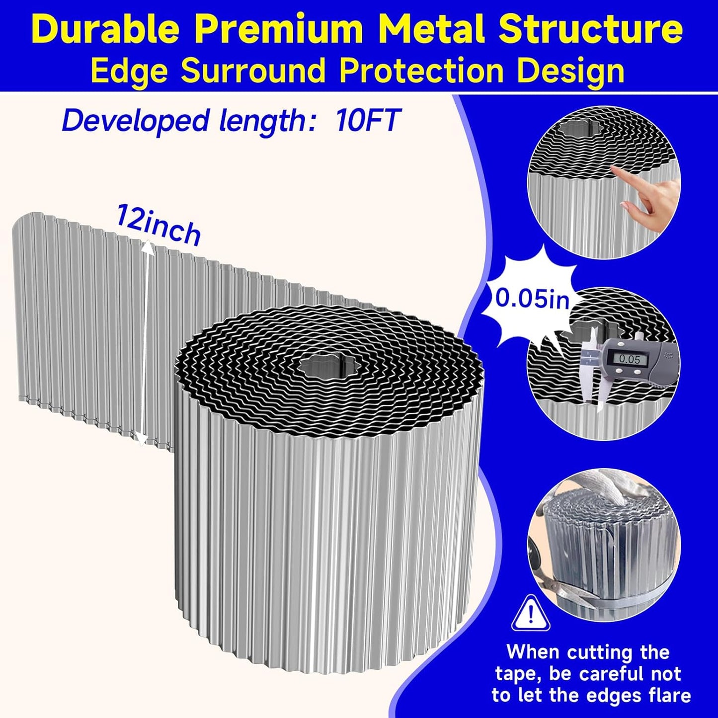 Corrugated Garden Edging, 12"×10Ft Galvanized Steel Landscape Edging & Lawn Edging Border, Metal Garden Border for Flower Beds, Garden，Lawn，Raised Beds & Tree Surrounds (Silver)