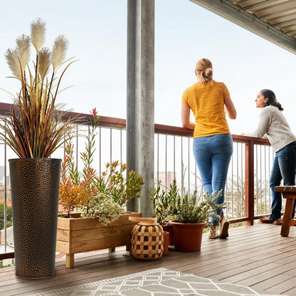 Worth Garden 2-Pack 25" H. Metal Planter with 2X Inside Pots - Hand-Hammered Texture Tall Cone Plant Pots - Large Handcrafted Black Flower Pot for Indoor Outdoor, Deck, Patio, Front Porch (Bronze)