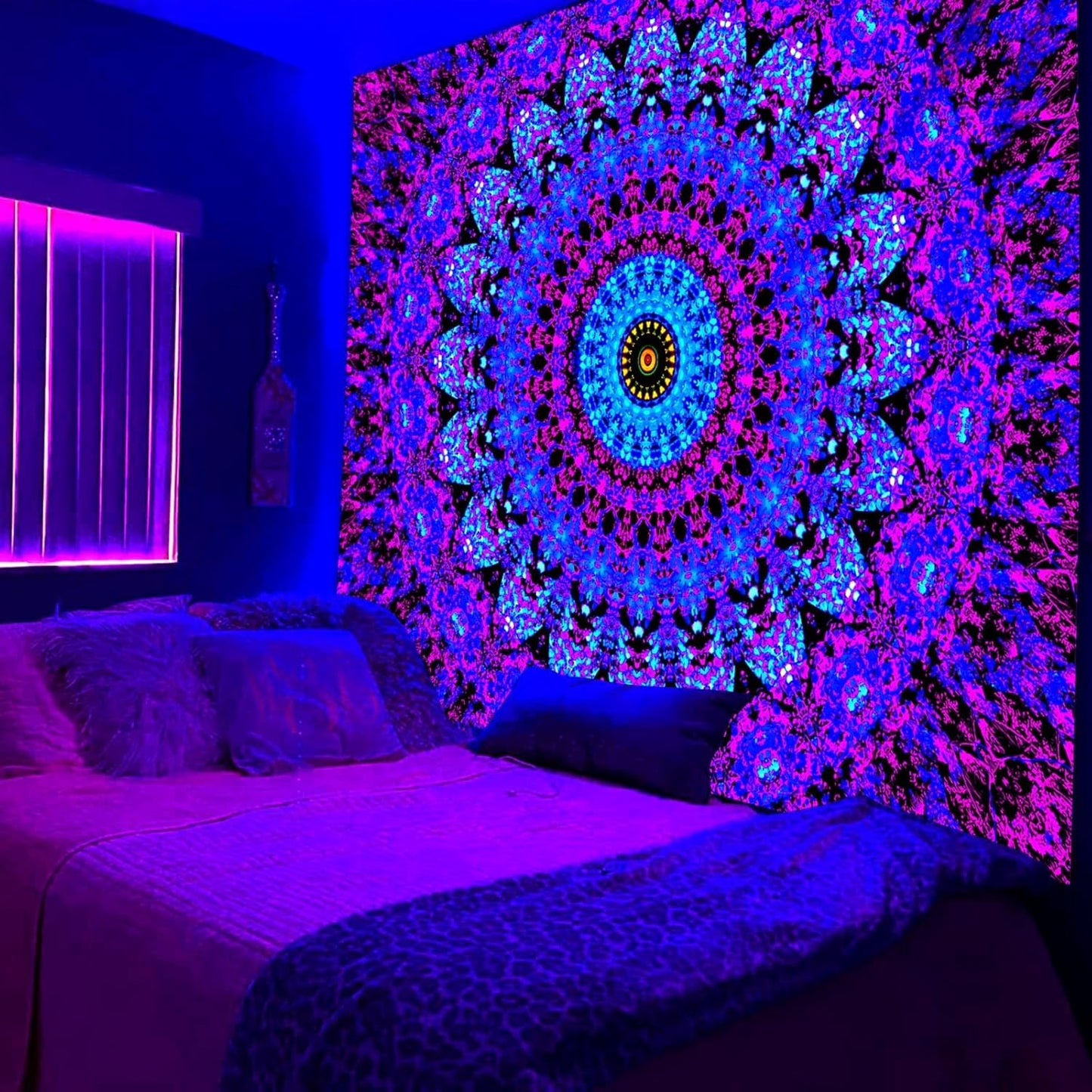 Blacklight Mandala Boho Tapestry, Black Light Bohemian Hippie Poster for Adults and Teens, UV Reactive Aesthetic Wall Art Decor for Bedroom (60 x 50 Inches)