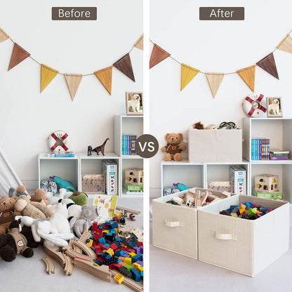 StorageWorks Storage Baskets for Shelves, Foldable Fabric Closet Storage Bins with Handles, Fabric Storage Bins Clothes Organizer, Beige Stripes, 3-Pack, Extra Large