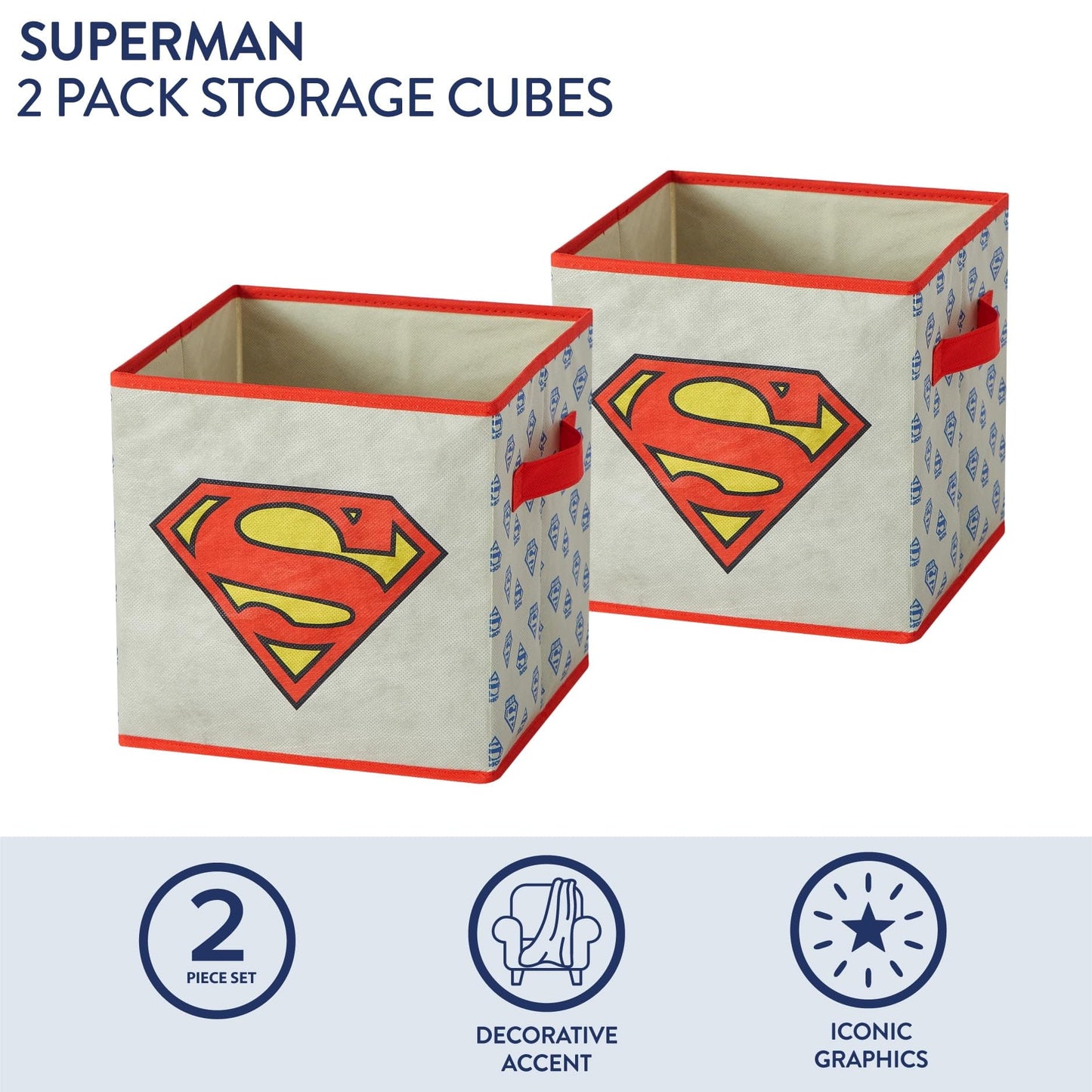 Superman Kids Storage Cubes, 2 Pack Foldable Fabric Bins with Handles, Collapsible Organizer Boxes