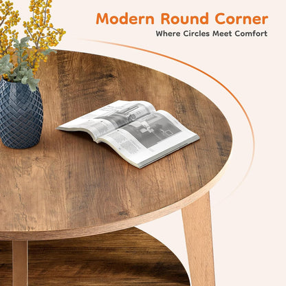 Sweetcrispy Round Coffee Table, 36'' Wood Coffee Tables for Living Room with Storage, 2-Tier Center Circle Counter with Wooded Desktop, 50 lbs Capacity, Anti-Slip Feet, Modern Farmhouse Design, Brown