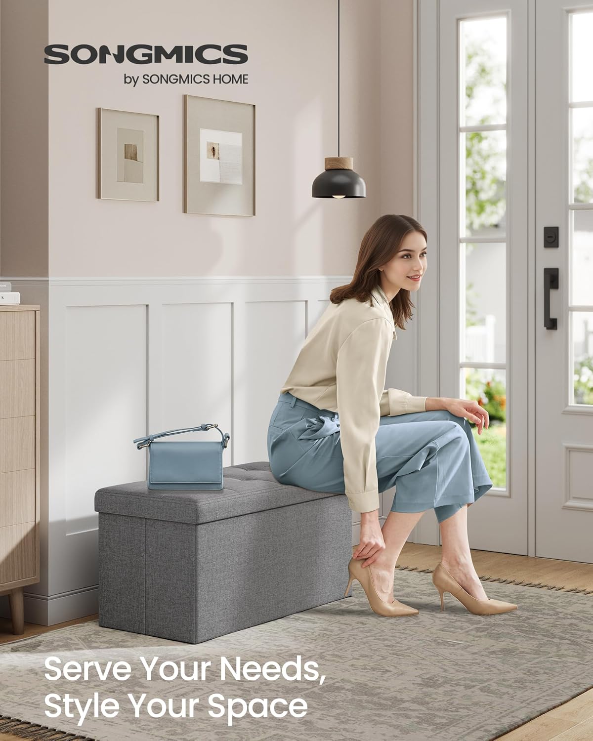 SONGMICS MAZIE Collection - 30 Inches Folding Storage Ottoman Bench, Ottoman Foot Rest, End of Bed Bench, Storage Chest, Load 660 lb, for Living Room, Bedroom, Entryway, Light Gray ULSF47G