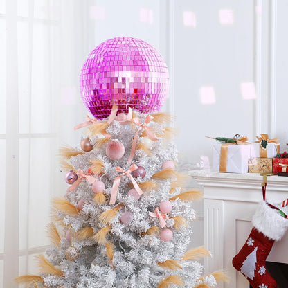 Retisee 8'' Pink Disco Ball Christmas Tree Topper Disco Mirror Ball Xmas Tree Topper 3D Hollow Pink Disco Ball Decor Disco Ball Ornament for 70s Disco Holiday Wedding Birthday Party Decorations