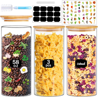 Glass Jars with Bamboo Lids, 58 oz 3 Pcs Kitchen Glass Containers with Bamboo Lids, Airtight Glass Pantry Storage Containers with Lids for Rice, Flour, Nuts, Cookie, Pasta, Oatmeal, Bean