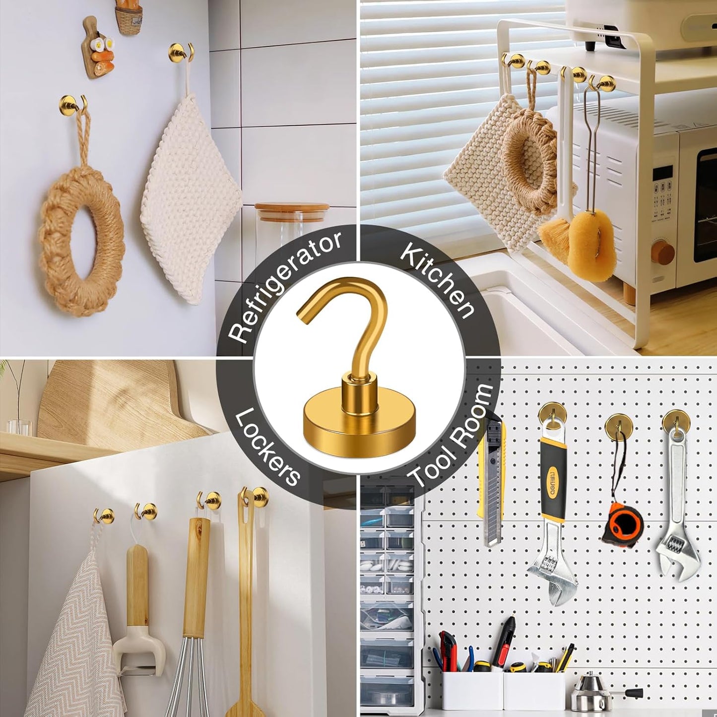 MIKEDE Magnetic Hooks Heavy Duty, 40 Lbs Magnet with Hooks for Cruise Cabins, Strong Magnets Neodymium for Hanging, Magnetic Wall Hooks for Refrigerator, Locker, Workplace(Yellow, 10 Pack)