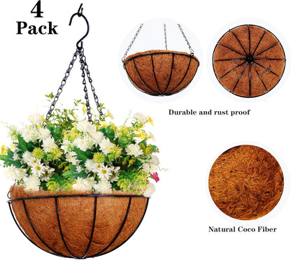 Hanging Baskets for Plants Outdoor(12 inch 4 Pack)- Coconut Coir Hanging Planters Outdoor,Metal Wire Baskets with Coco Liner, Hanging Pots for Plants Indoor, Flower Pots for Railings