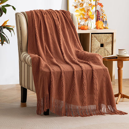 MIULEE Fall Orange Knitted Throw Blanket for Couch Boho Terracotta Rust Textured Cozy Woven Blanket with Tassels for Sofa Chair Bed Living Room Acrylic Wave Pattern 60"x80"