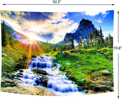 Delur Mountain Waterfall Tapestry Sunset Forest Tree Nature Landscape Tapestry Wall Hanging Tropical Sunrise Rainforest Psychedelic Scenic Headboard for Bedroom Living Room Home Decor (70.8" x 92.5")