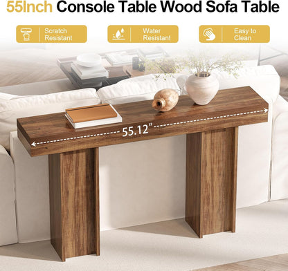 55Inch Farmhouse Console Table,Wooden Rectangular Sofa Table Behind The Couch,Entryway Console Table with Storage for Living Room, Hallway,Entrance (Light Brown)
