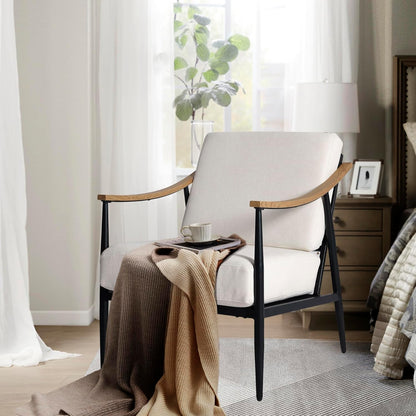 Modern Accent Chair for Living Room Bedroom Mid Century Arm Chair Upholstered Office Accent Chair Comfy Waiting Room Chair with Metal Frame, Cream White