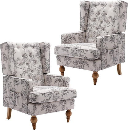 DUOMAY Tufted Accent Chair Set of 2, Modern Linen Upholstered Wingback Side Arm Chair for Living Room Bedroom with Wood Legs, Comfy Reading Guest Chair for Office, Beige Flower Pattern