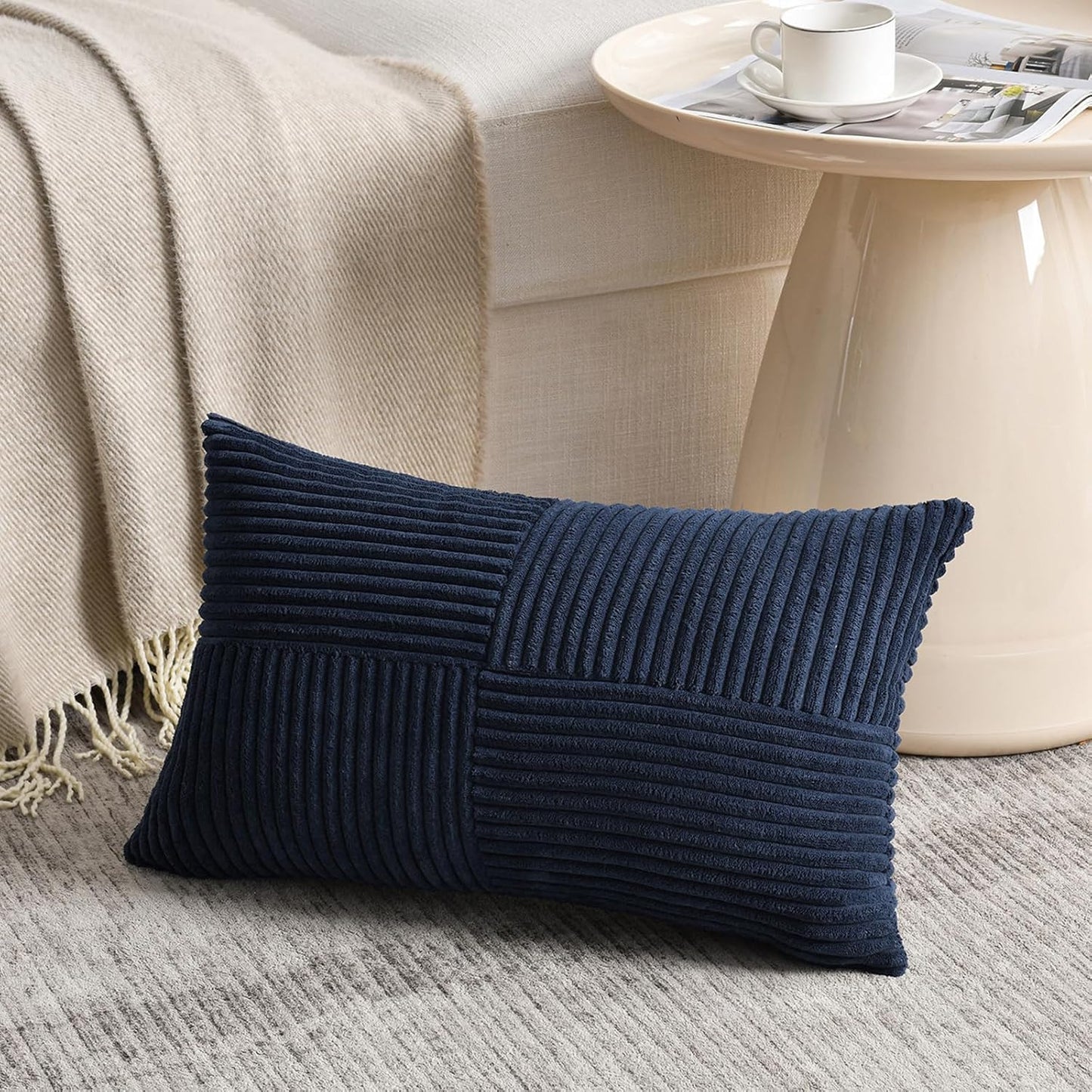 Fancy Homi 2 Packs Navy Blue Long Lumbar Decorative Throw Pillow Covers 12x24 Inch for Couch Bed Sofa, Rustic Farmhouse Boho Home Decor, Soft Striped Corduroy Rectangle Accent Cushion Case 30x60 cm