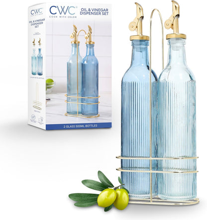 COOK WITH COLOR Glass Olive Oil Bottle Dispenser - 2 Pack- 17oz Oil and Vinegar Cruet - Olive Oil Carafe Decanter for Kitchen