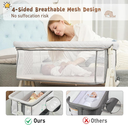Baby Bassinet Bedside Sleeper for Baby,Bedside Bassinet with Wheels and Storage Basket,All Mesh 6 Height Adjustable Easy to Assemble Bedside Crib (Upgrade Grey)