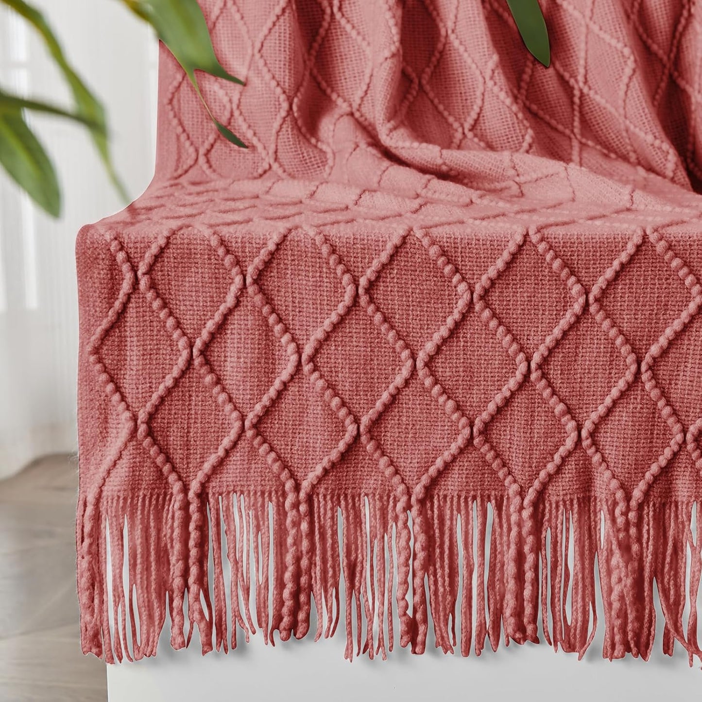 inhand Knitted Throw Blankets for Couch and Bed, Soft Cozy Knit Blanket with Tassel, Coral Pink Lightweight Decorative Blankets and Throws, Farmhouse Warm Woven Blanket for Men and Women, 60"x80"
