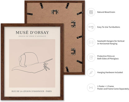 Poster Master Vintage Poster - Retro One Line Snail Drawing Print - Snail Line Art - Minimal Gift for Men, Women, Animal Lover - Abstract Wall Decor for Home, Office, 8x10 Brown Framed