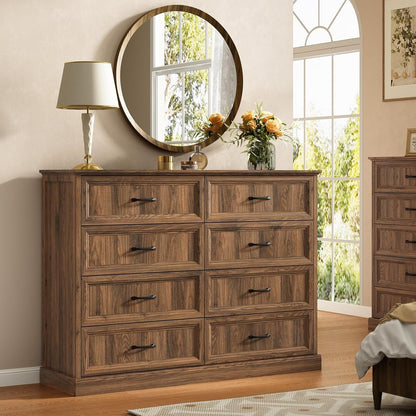 Farmhouse 8 Drawer Dresser for Bedroom, 55 Inch Wide Modern Walnut Dresser TV Stand with Large Drawers & Bar Handles, Rustic Wood Chest of Drawers for Bedroom, Living Room, Hallway, Entryway.