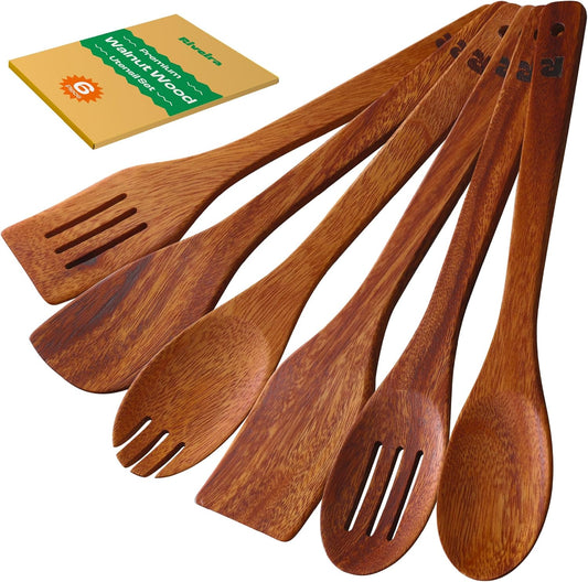 Riveira Walnut Wooden Spoons for Cooking Set of 6 – Natural Walnut Wooden Cooking Utensils