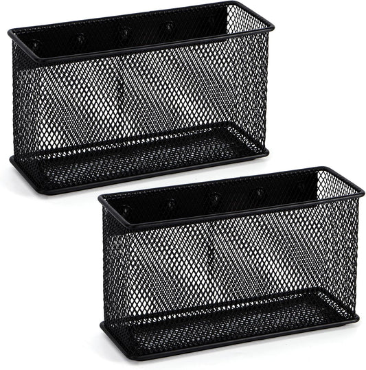 Wire Mesh Storage Baskets Organizer Set of 2 Black Magnetic Basket with 5 Strong Magnets Magnetic Organizer Holder for Refrigerator Locker Whiteboard Office, 6.29'' × 2.28'' × 3.54''