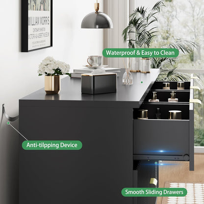 Fluted Dresser for Bedroom with 9 Drawers, 57" Wide Chest of Drawers with Metal Handle, Modern Wood Dresser TV Stand, Wooden Closet Clothes Storage Organizer for Living Room, Hallway, Black