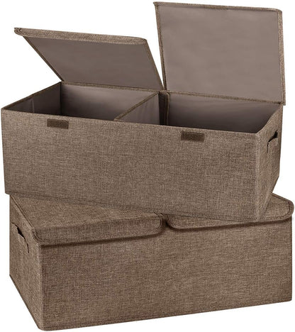 2 Pack Storage Boxes with Lids and Handles, Collapsible Linen Storage Bins Organizer Containers Baskets Cube with Removable Divider for Home Bedroom Closet Office (Coffee, Small)