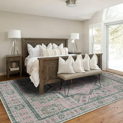 DCX Washable 8x10 Area Rug, Soft Machine Washable Non Slip with Rubber Backing Vintage Rug, Kid & Pet Friendly Living Room Area Rugs 8x10, Foldable Rugs for Bedroom Dining Room Office-Pink & Green