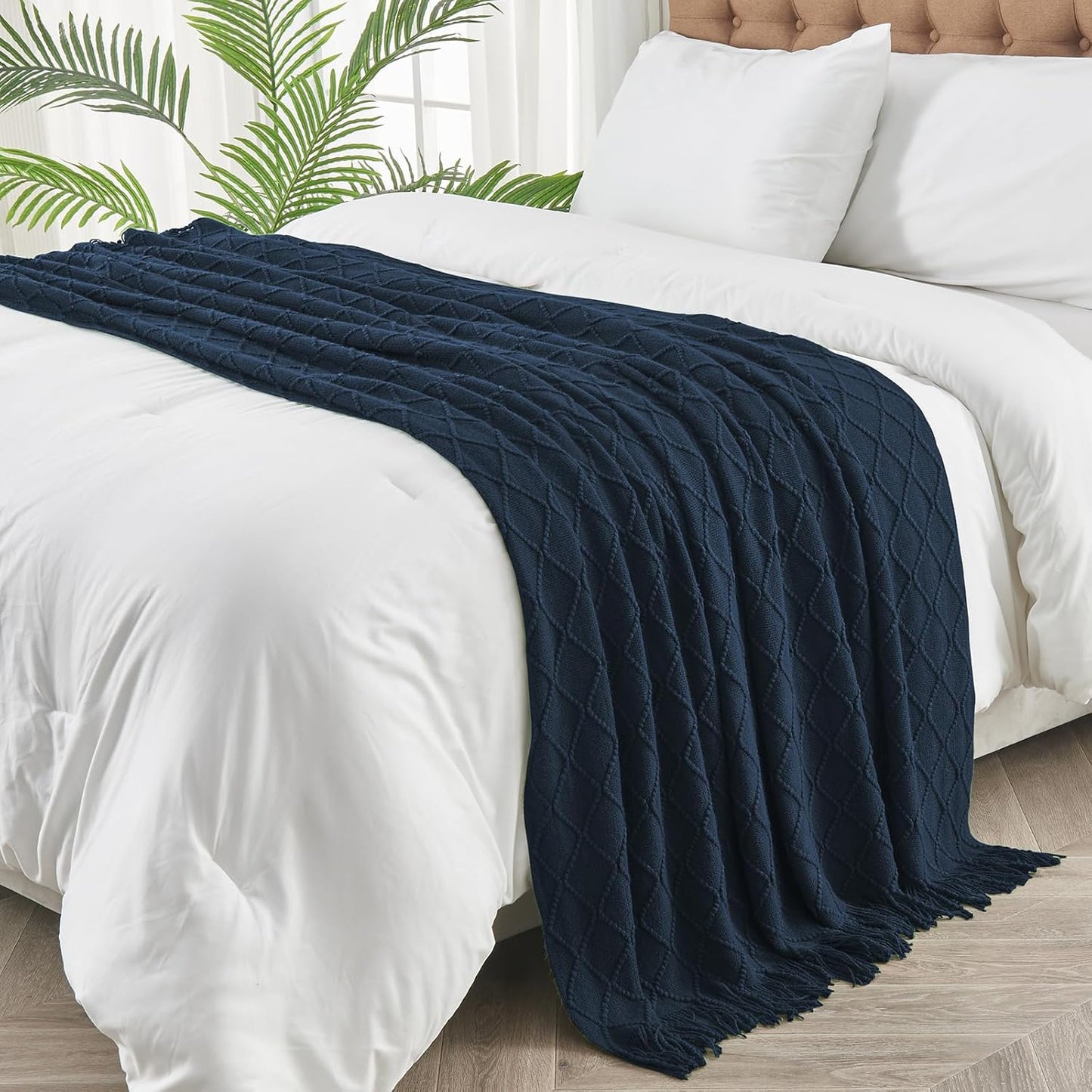 inhand Knitted Throw Blankets for Couch and Bed, Soft Cozy Knit Blanket with Tassel, Dark Blue Lightweight Decorative Blankets and Throws, Farmhouse Warm Woven Blanket for Men and Women, 60"x80"