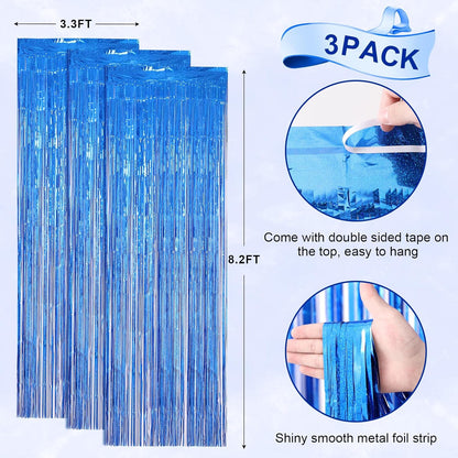 3 Pack 3.3 x 8.2 ft Laser Blue Foil Fringe Backdrop Curtains, Tinsel Streamers Birthday Party Decorations, Fringe Backdrop for Graduation, Baby Shower, Gender Reveal, Disco Party