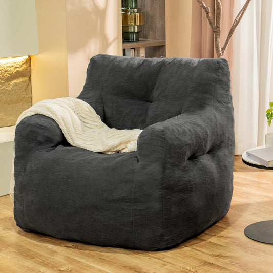 Giant Bean Bag Chair, Large Bean Bag Chair for Adults, Fluffy and Comfy Bean Bag Chair with Filler, Big Bean Bag Sofa Chair for Reading, Stuffed High-Density Foam, Grey