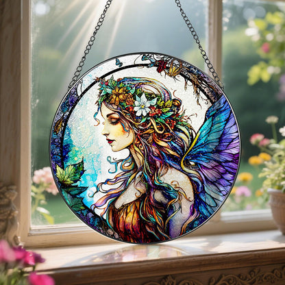 Stained Glass Window Hanging, LAOWEIKI 8'' Fairy Suncatcher, Stained Glass Ornament, Suncatchers for Windows Hanging, Window Decor, Outdoor or Indoor, Gifts for Women, Bestie, Friends