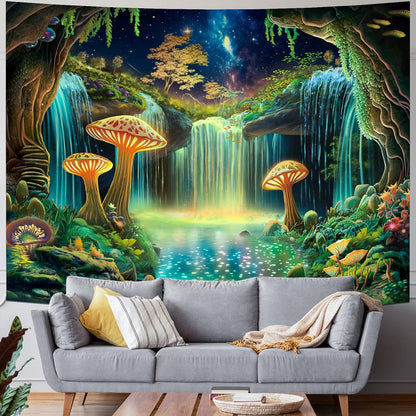 Ameyahud Blacklight Fantasy Forest Tapestry UV Reactive Waterfall Tapestries Starry Sky Tapestry Neon Nature Plant Wall Hanging Decor for Home