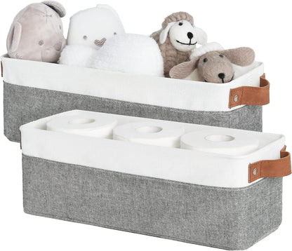 StorageWorks Narrow Storage Bins, Small Basket for Closet and Shelves, Fabric Organizer with Handles, Toilet Paper Storage, Grey and White, 2-Pack